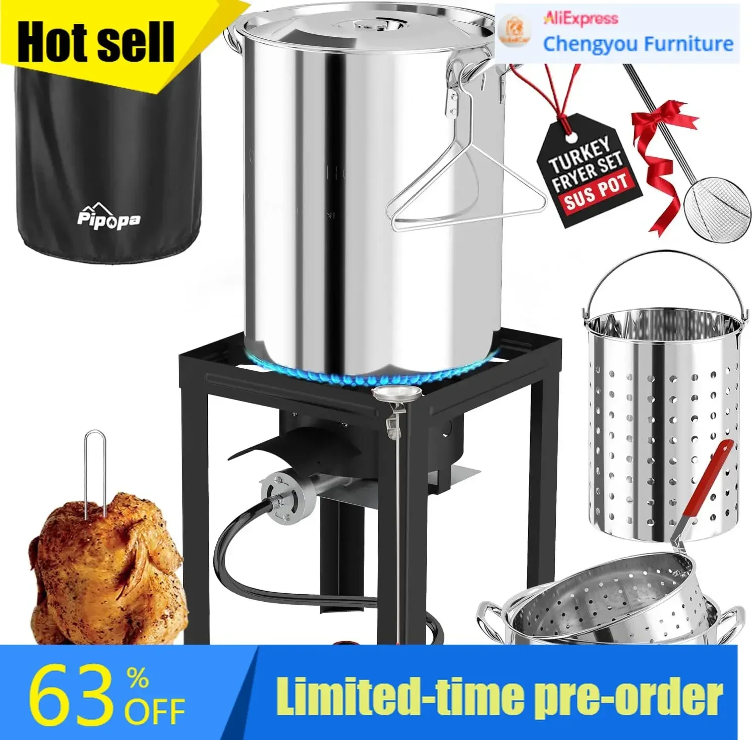 30Qt Turkey 10Qt Fish Fryer Set Stainless Steel Outdoor Propane Burner Seafood Boil Crawfish Boiler Cover Skimmer Included Cooki