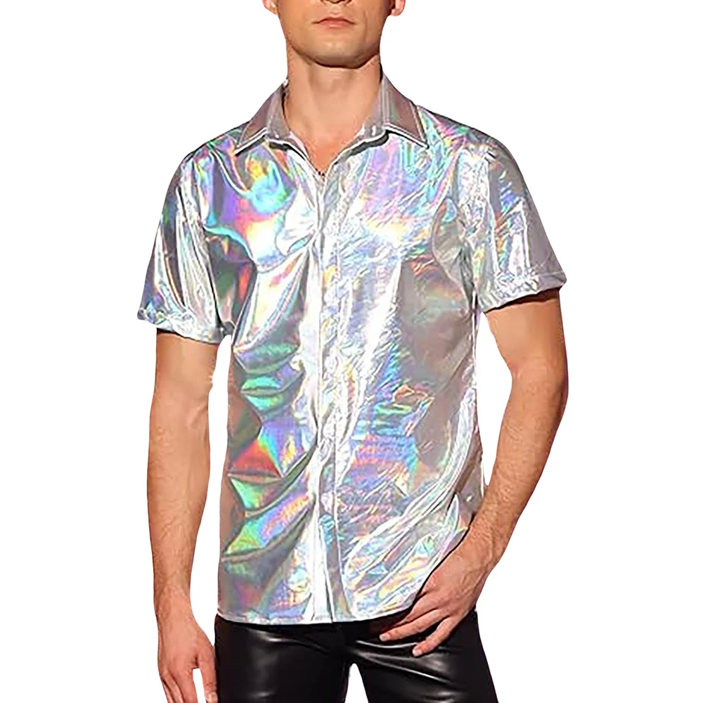Men's 70s Disco Shirts Shiny Metallic Short Sleeve Button Down Dance Nightclub Party Costume Banquet Stage Performance Prom Tops