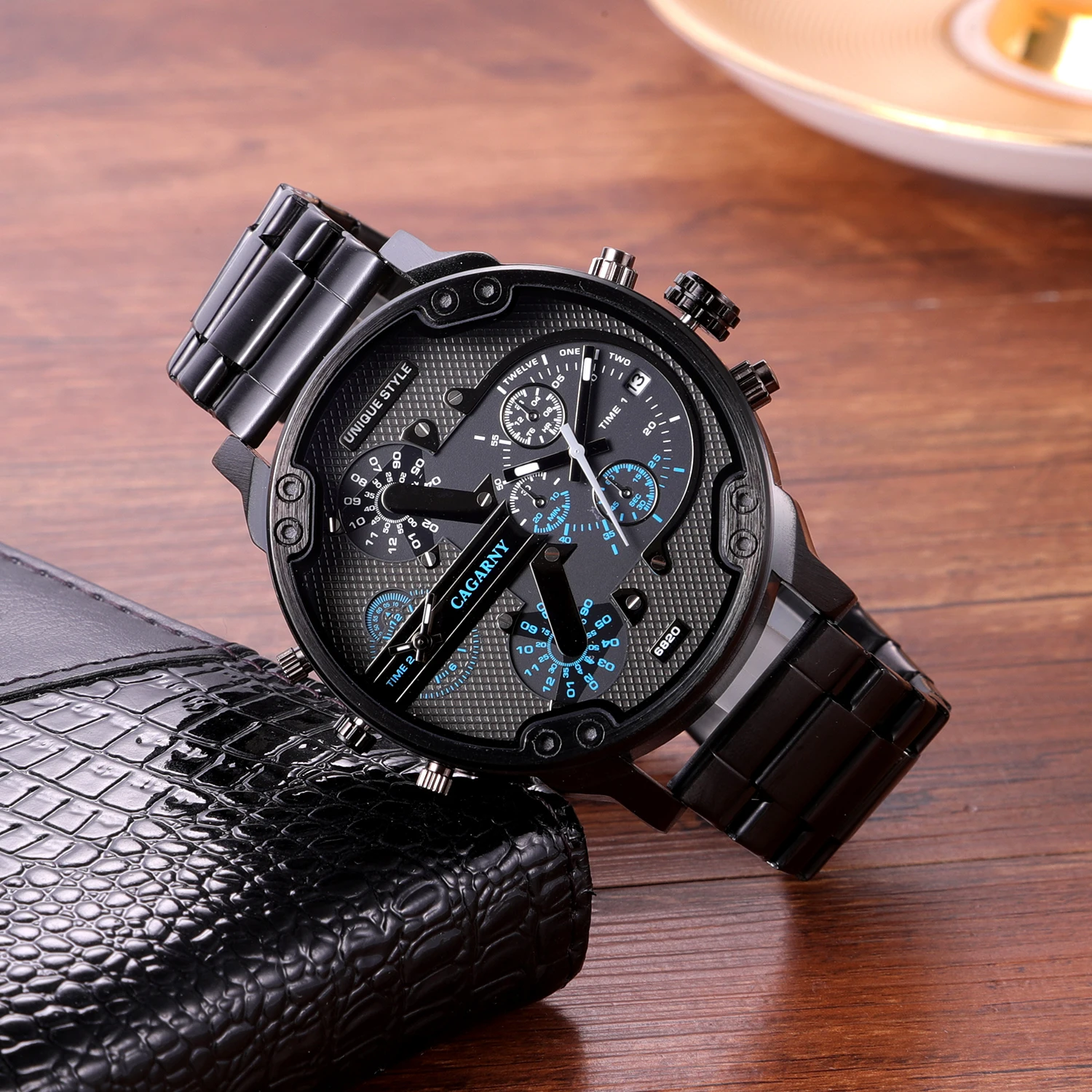 CAGARNY Brand 6820 Man\'s Large dial Casual Fashion Quartz Wrist watch Waterproof dual time zone Stainless Steel Watches for Men