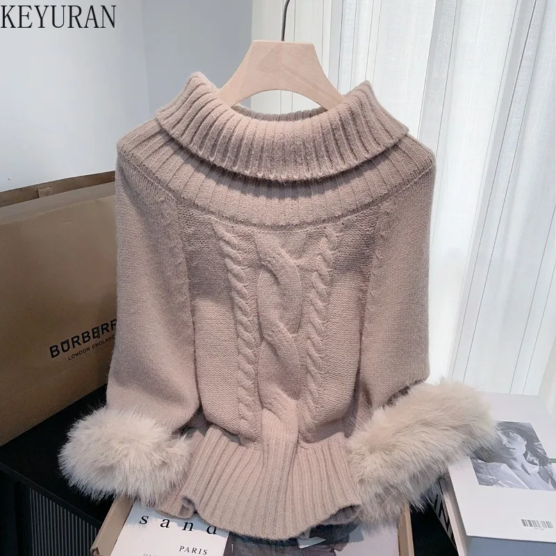 

Корейский вязаный свитер с разрезом на шее, женский 2022, осень-зима, модный меховой лоскутный рукав «летучая мышь», повседневный свободный трикотаж, верхняя одежда, топы