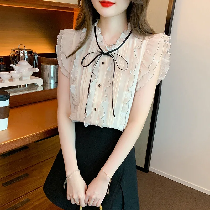 Summer Short Sleeve Ruffled Collar Women Shirt Ruffles Chiffon Shirt Blouse Women Tops Blouses Shirts Blusas Camisas Blusa D153