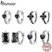 Bamoer Original 925 Sterling Black Heart Hoop Earrings With Love Stone Twist Cool For Women Wedding Birthday Gift Fine Jewelry