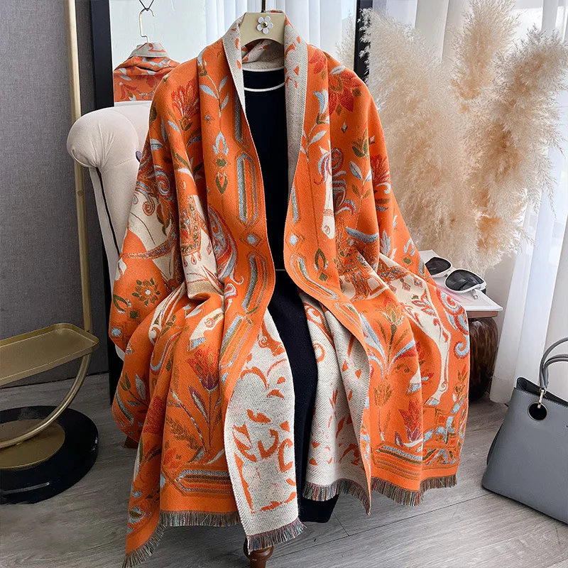 Scarf Women Retro Ethnic Horse Shawl Double Sided Thick Floral Jacquard Tassel Wrap Winter Autumn Large Size Poncho
