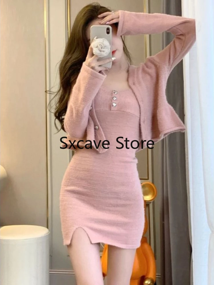 2023 Autumn Knitted Suits Women Casual Long Sleeve Y2k Crop Tops + Mini Sweater Dress Office Lady Korean 2 Piece Dress Sets