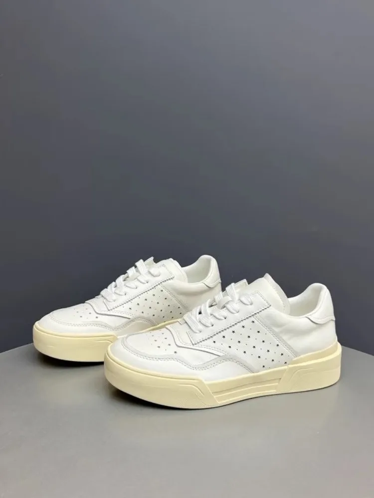 New Women Genuine Leather Pumps Lace Up Breathable Round Toe Solid Color High Street Casual Skateboard Shoes Platform Sneakers