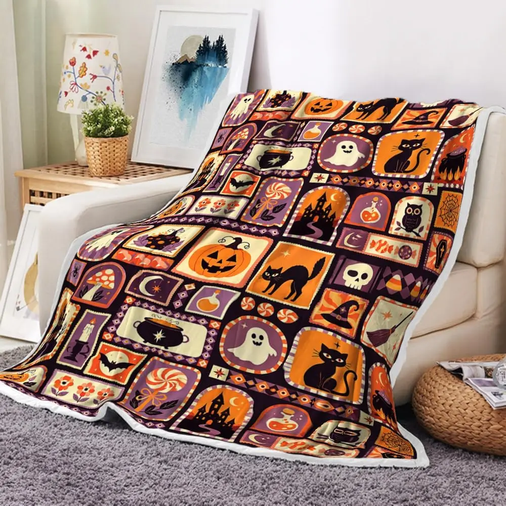 Halloween Patchwork Pumpkin Black Cat Ghost Bat Castle Print Warm Blanket For Bedroom Sofa Camping Daily Home Indoor Casual Use