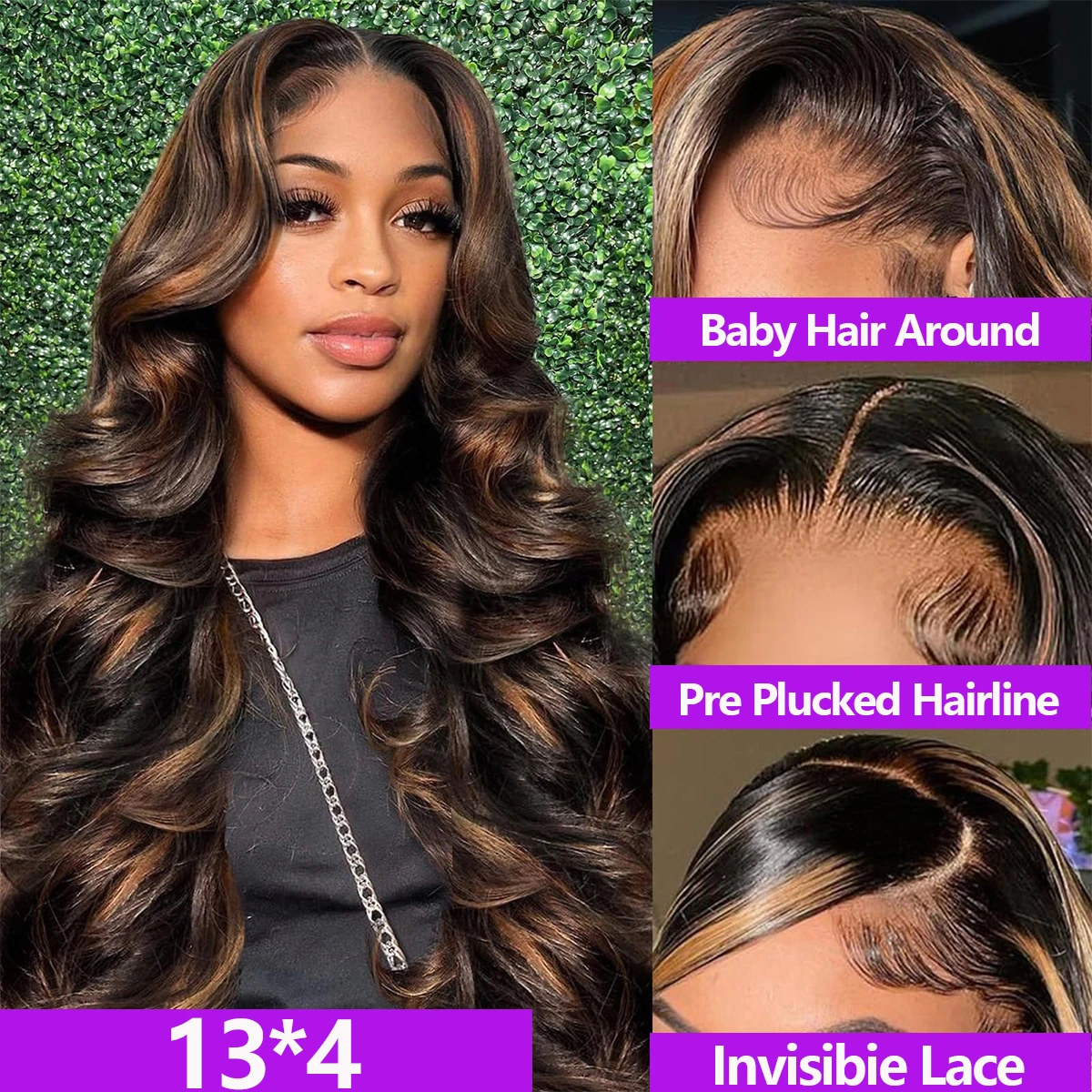 1B/30 Body Wave Highlight Wig Human Hair 30 Inch 13x4 HD Lace Frontal Wig 180 Density Natural Brazilian Hair Wig For Black Women