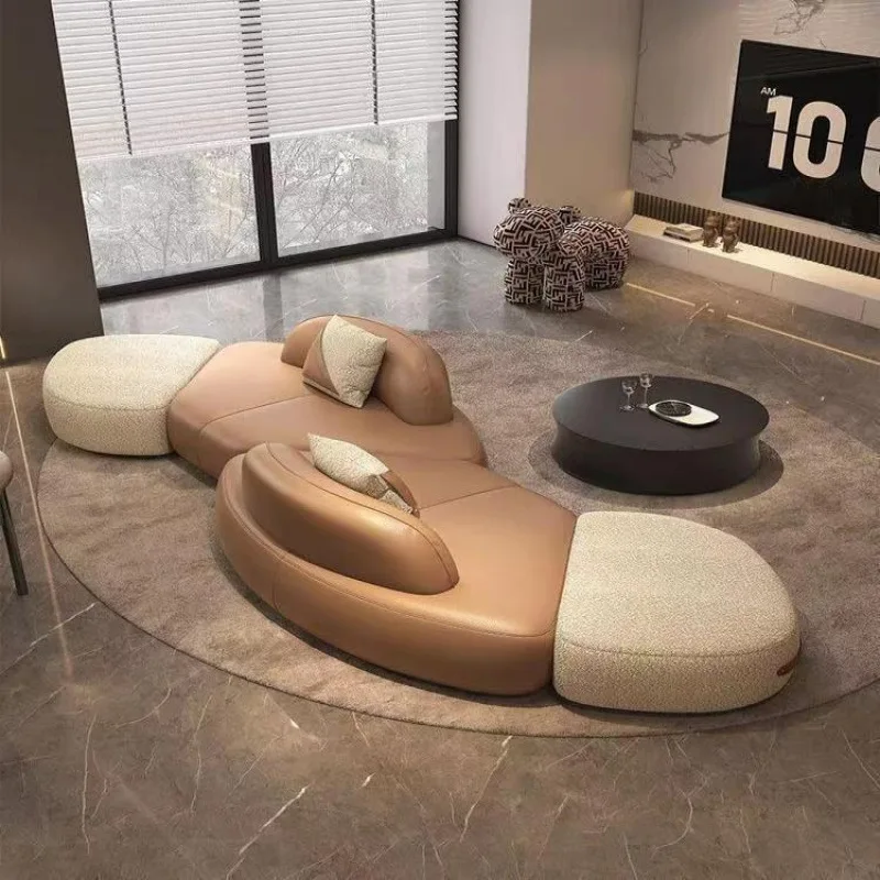 Italian light luxury brown and white color matching special-shaped module sofa combination, cream wind sofa combination