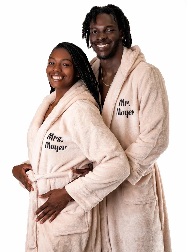 Custom His and Hers Long Bathrobes with Hoodies Honeymoon Gift Anniversary Groom and Bride Wedding Matching Couple Bathrobes