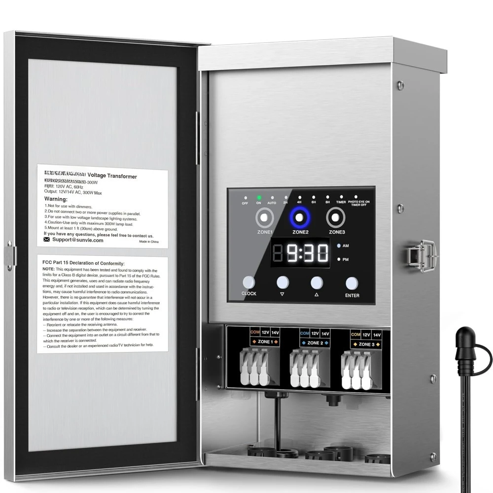 Low Voltage Landscape Lighting Transformer 300W 3 Zones Timer Photocell Waterproof 120V to 12V 14V AC Outdoor Garden Path
