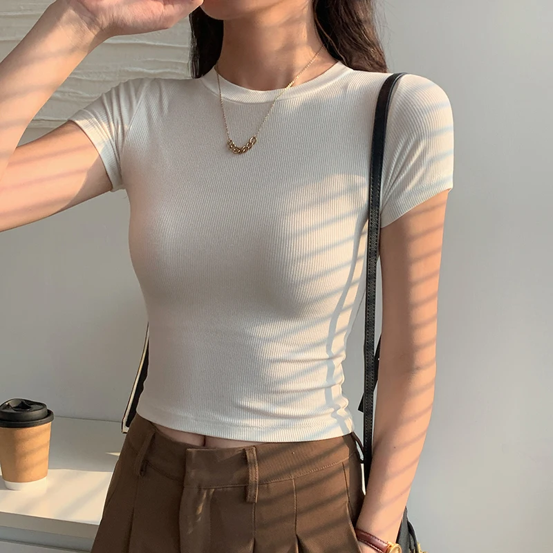 Sexy T-Shirts Women Spring Summer Skinny Fit Basics Screw Thread Plain Tees Short Sleeve Crew Neck Cropped T-Shirts for Women