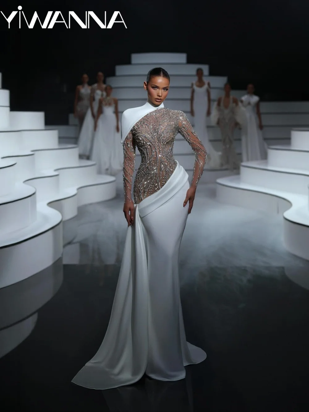 

Silver Embroidery Crystal Wedding Dress Stunning Satin Mermaid Long Bridal Gown New Customized Exquisite Dresses For Bride