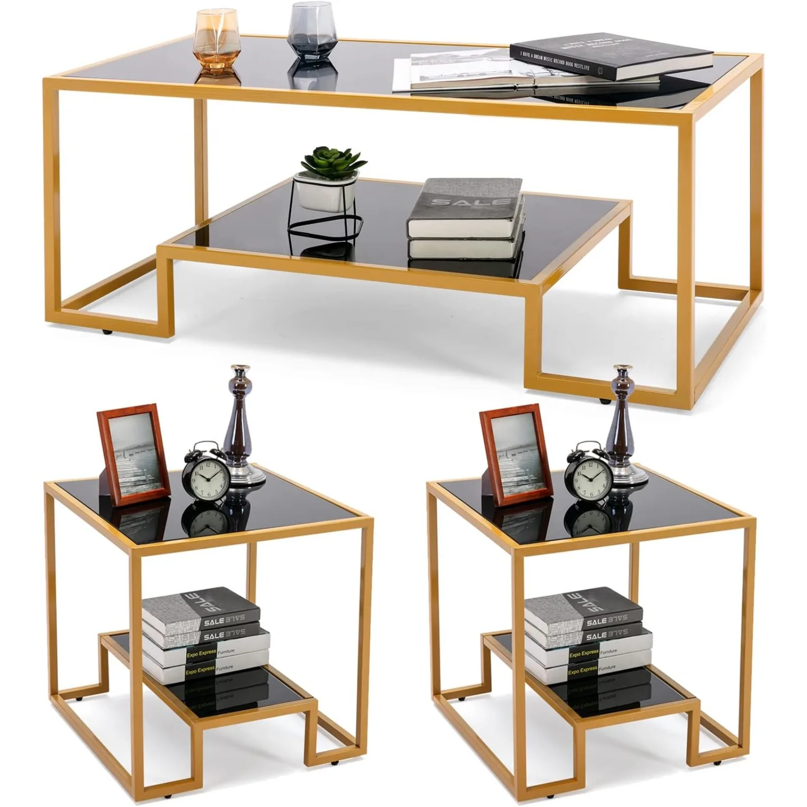 

US Simple Modern Glass 3-Piece Table Set, Includes Coffee Table and 2 End Tables, Brass