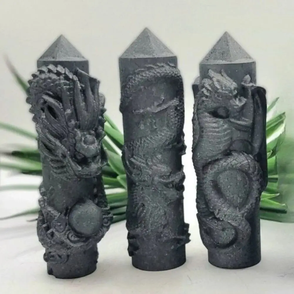 3.94-4.72inch Natural Black Shungite Tower Point Wand Dragon Minerals Shungite Tower With Dragon Carving Home Decoration