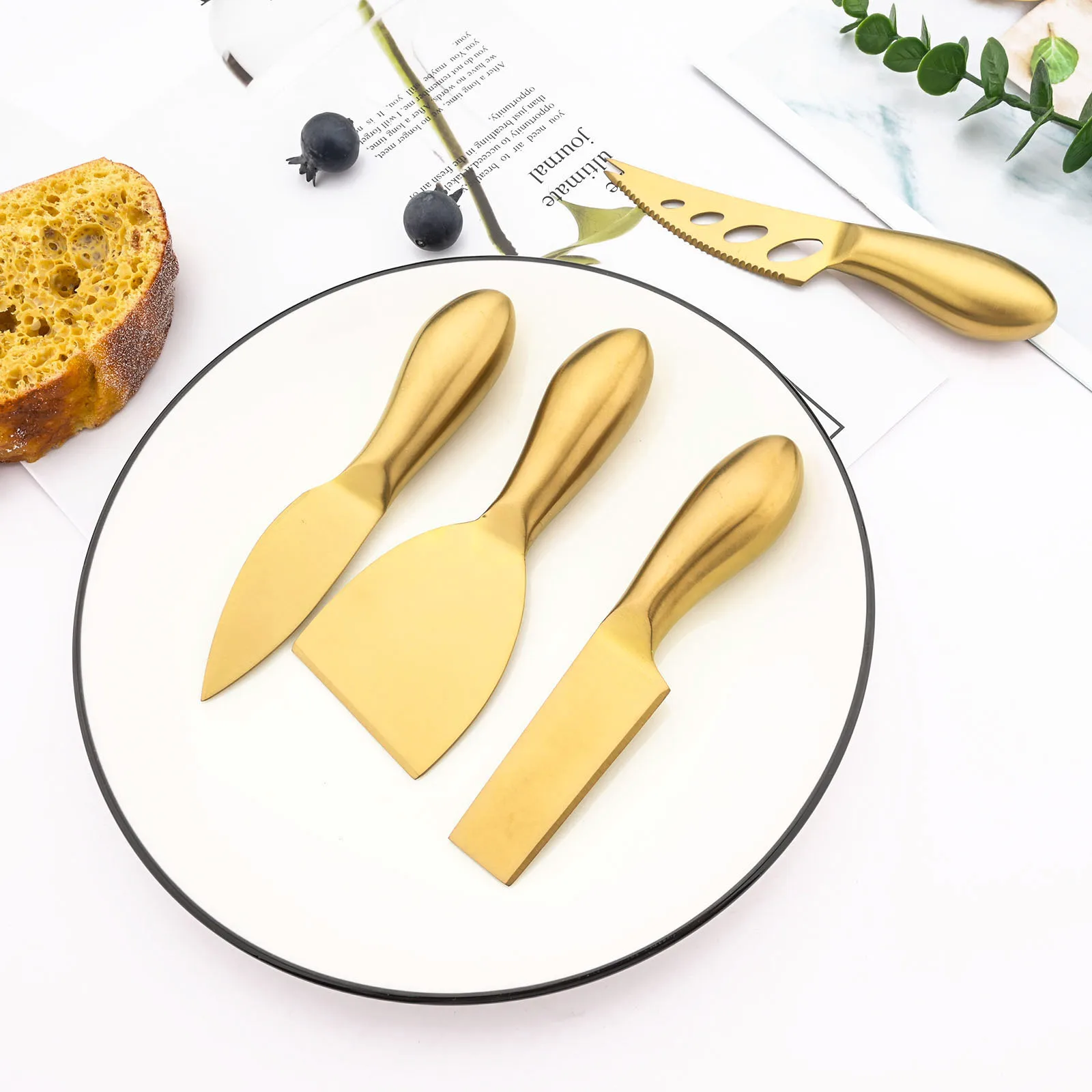 Gold Matte Stainless Sttel Handle Cheese Knife Set Mini Cheese Knife Butter Knife Slicer Knife Pizza Cutter Baked Cheese Knife