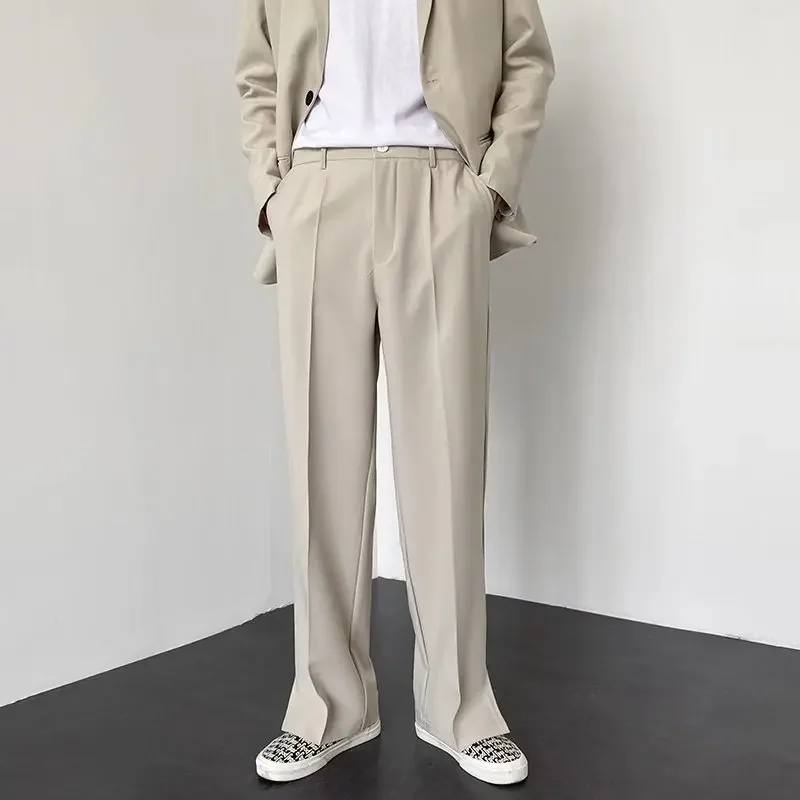 Men Straight Casual Pants 2024 Summer New Korean Style Baggy Personality Slit Wide Leg Blazer Pants Trousers Male Streetwear