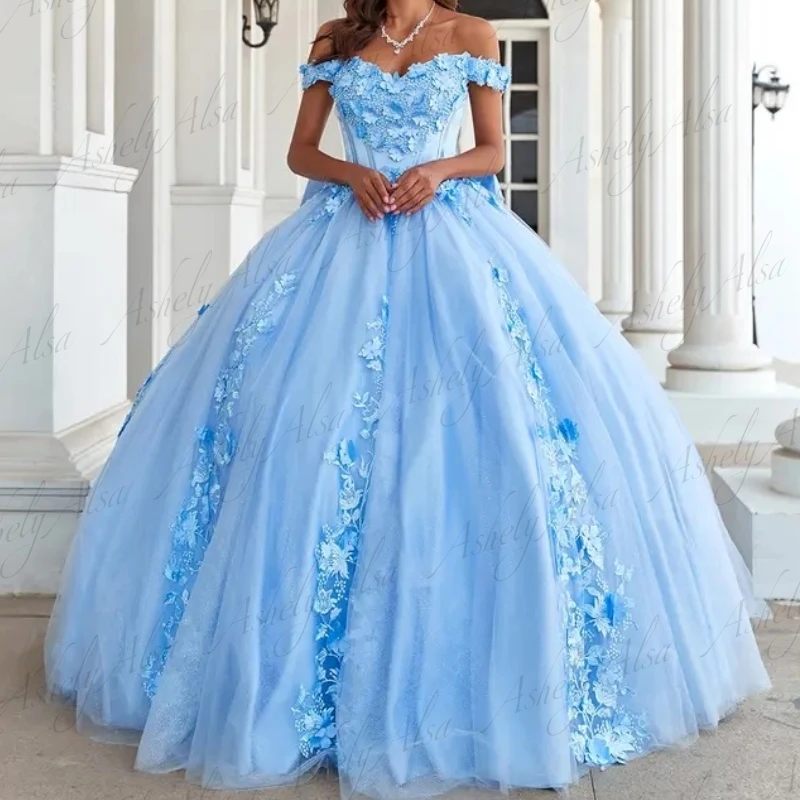 Customized Luxury Princess Girl Quinceanera Dresses Cap Sleeve 3D Flower Applique Bow Ball Gown Prom Party Dress Dancing Wear