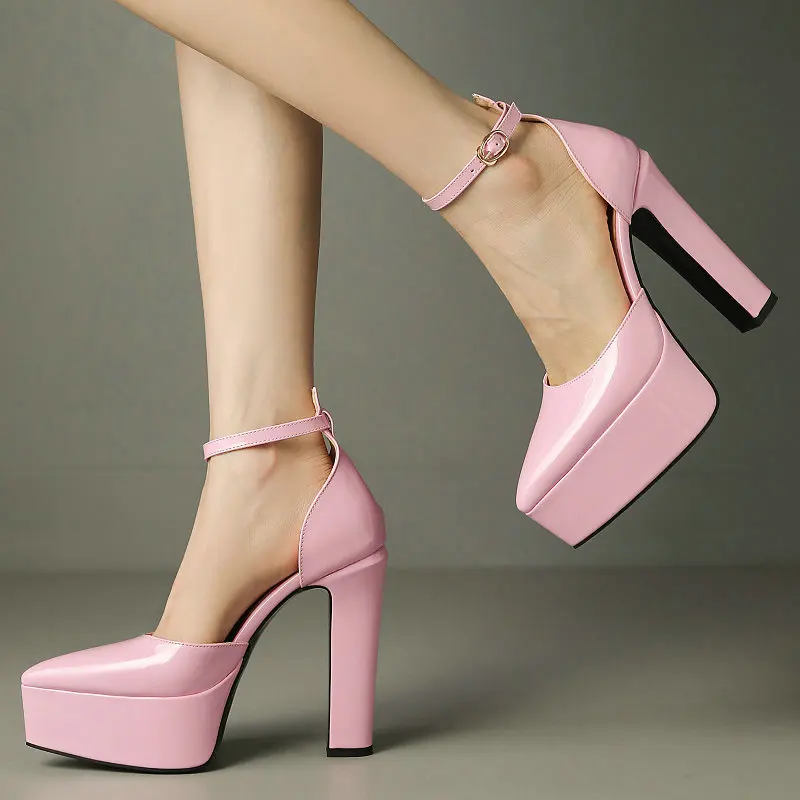 PU Patent Leather Pink Green Pointed Closed Toe Women Mary Janes Pumps Spring Big Size 33-43 Platform Sandals Block High Heels