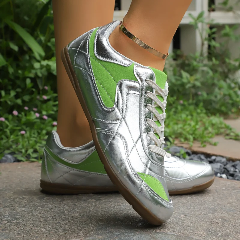 Women's Fashion Silver Leather Sneakers Soft Sole Casual Sports Shoes Woman 2026 Spring Autumn Lightweight Non Slip Flat Shoes