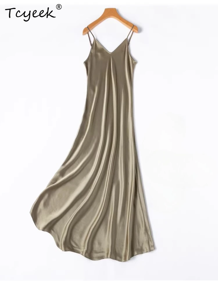 Tcyeek Damen Langes Kleid, 100% Echte Seide, V-Ausschnitt, Einfarbiges Spaghetti-Träger-Kleid, 2025 Elegante Schicke Kleidung