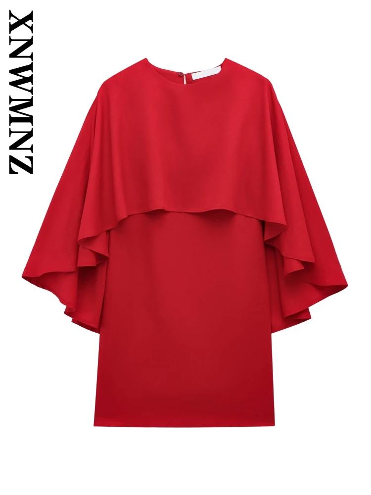 

XNWMNZ 2025 Summer Lady Vintage Elegant O-Collar Splicing mini Dress Simple Casual Woman's Red Button back half Sleeve Dresses