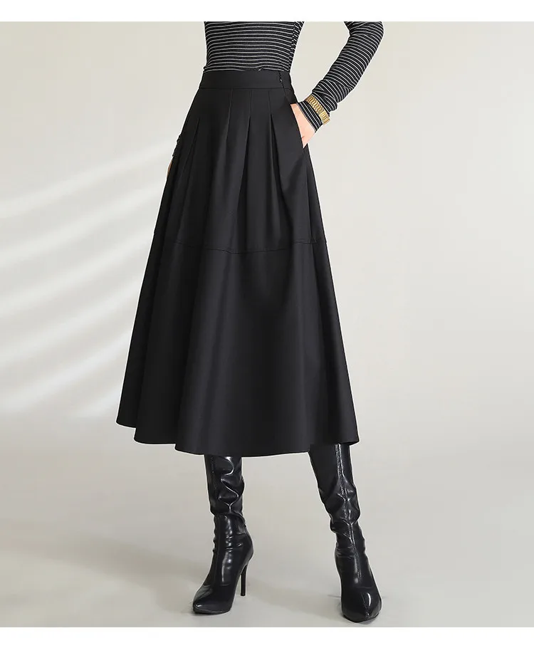 LOUIS YAO Women Elegant Black Midi Skirts 2024 High Waist Commuting Casual A Line Umbrella Long Skirt with Slit and Pockets