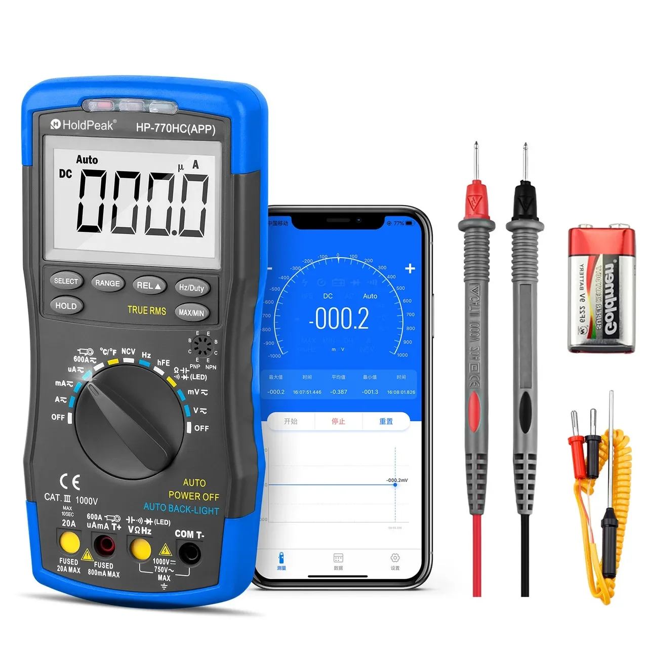 HoldPeak HP-770HC-APP True RMS AutoRange Digital Multimeter with Bluetooth APP 6000 Count LCD Display