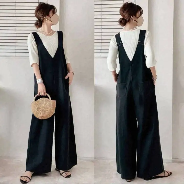 

Summer 2025 Women's Casual Loose One-Piece Pants Korean Sle V-Ne Svel ket Design Wide Leg High Waist Cotton