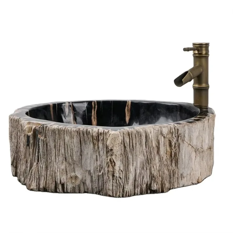 

Natural antique stone irregular shape fossil wood wash basin petrochemical wood wash sink