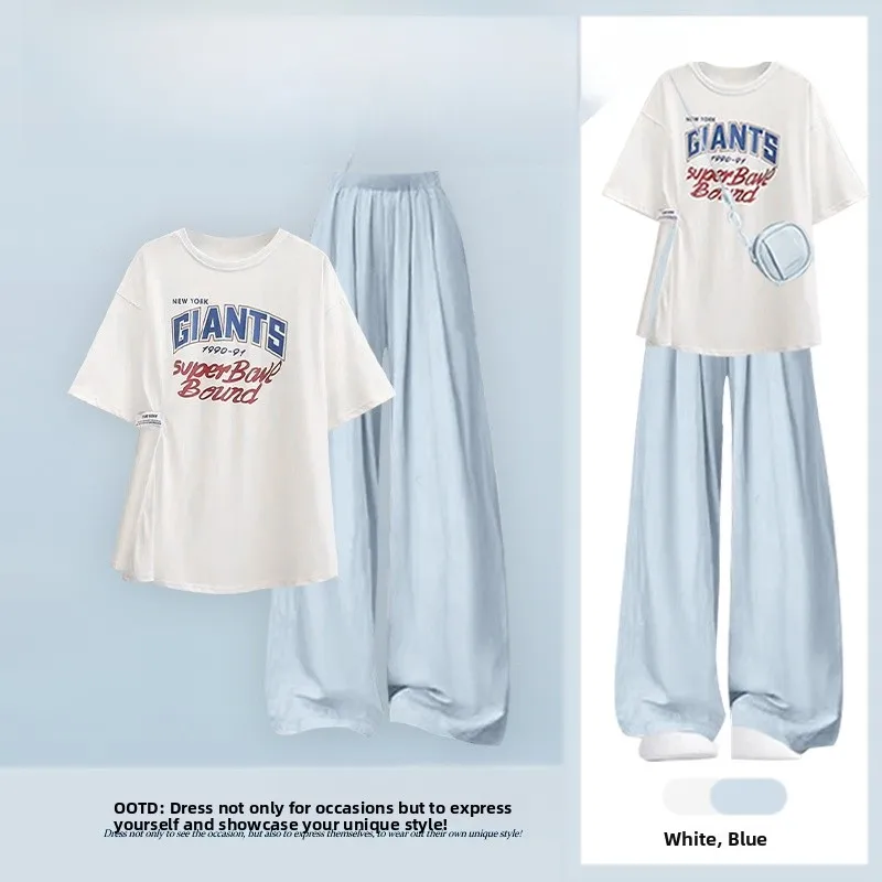 

Летний комплект 2026: Женская футболка свободного кроя с коротким рукавом и широкие брюки с эффектом драпировки в корейском стиле для студентов (повседневный)