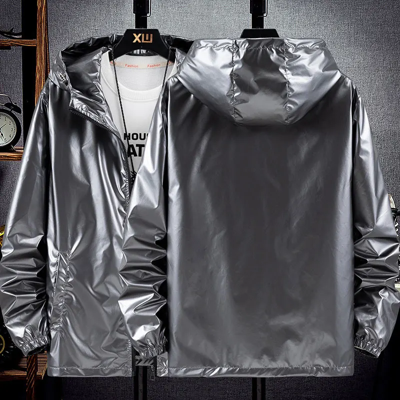 Men Shiny Jacket Shiny Silver Bright Hooded Zipper Bomber Jacket Autumn Thin Harajuku Windbreaker Waterproof Coats