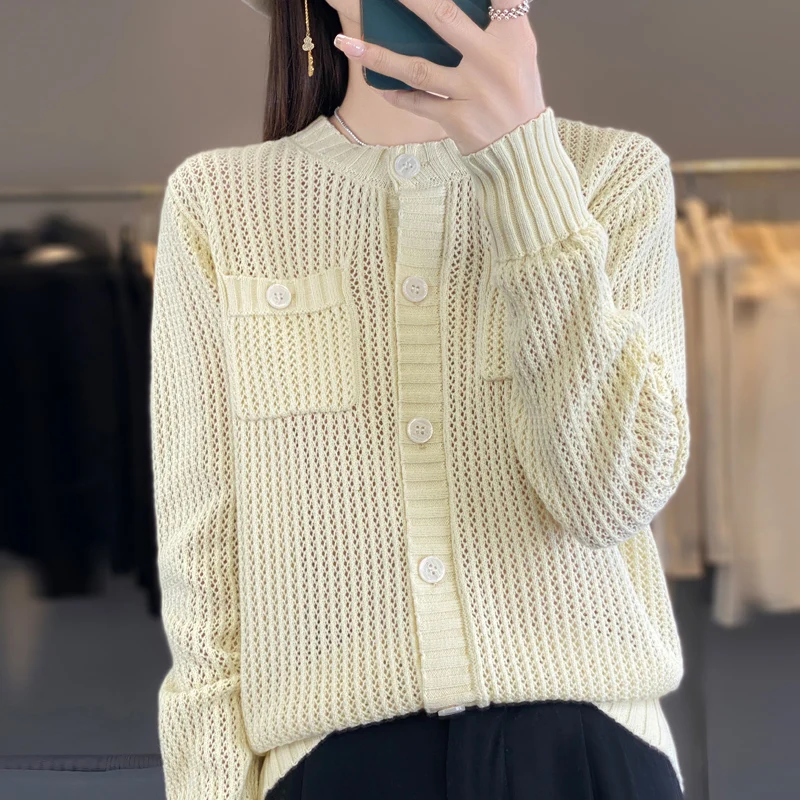 2024 New Spring and Summer Women Cashmere Cardigan Cashmere Sweaters O-Neck Loose Female Solid Color Knitwear Coat