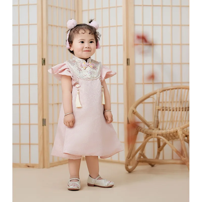 Baby girl's first-year dress spring thin baby full moon hundred-day banquet Chinese onesie catch Zhou national style dress