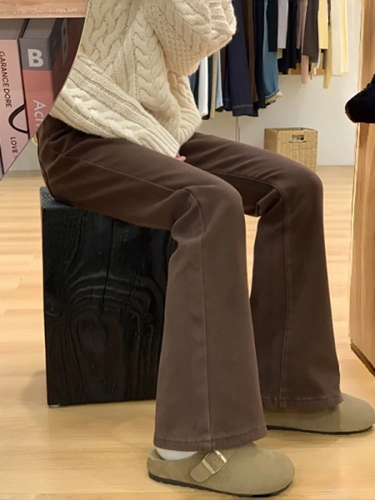 

Большие размеры Fce Lined Thiened Micro Flared Джинсы женские осенне-зимние с высокой талией для похудения эластичные прямые широкие брюки...