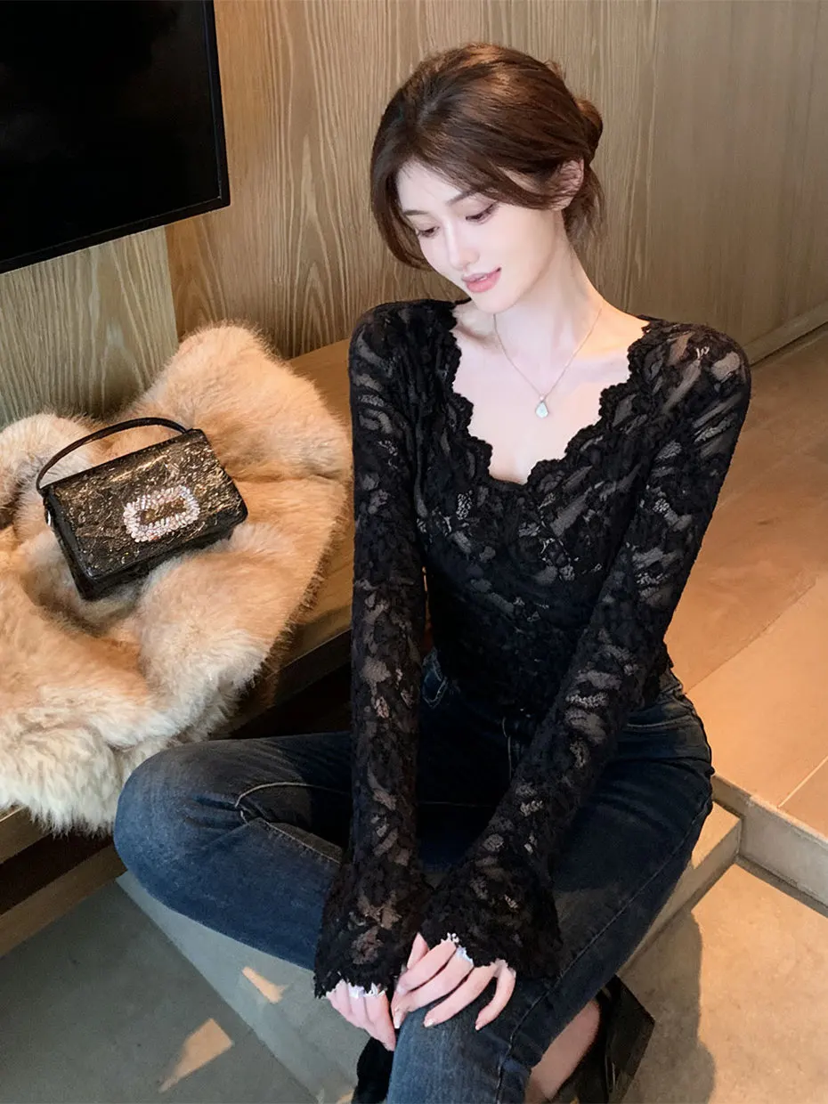 

Pure Desire Sexy Girl Fur Low Neck Lace Base Shirt Women Slim Waist Inner Wear Autumn Winter Sexy V Neck Mesh Top