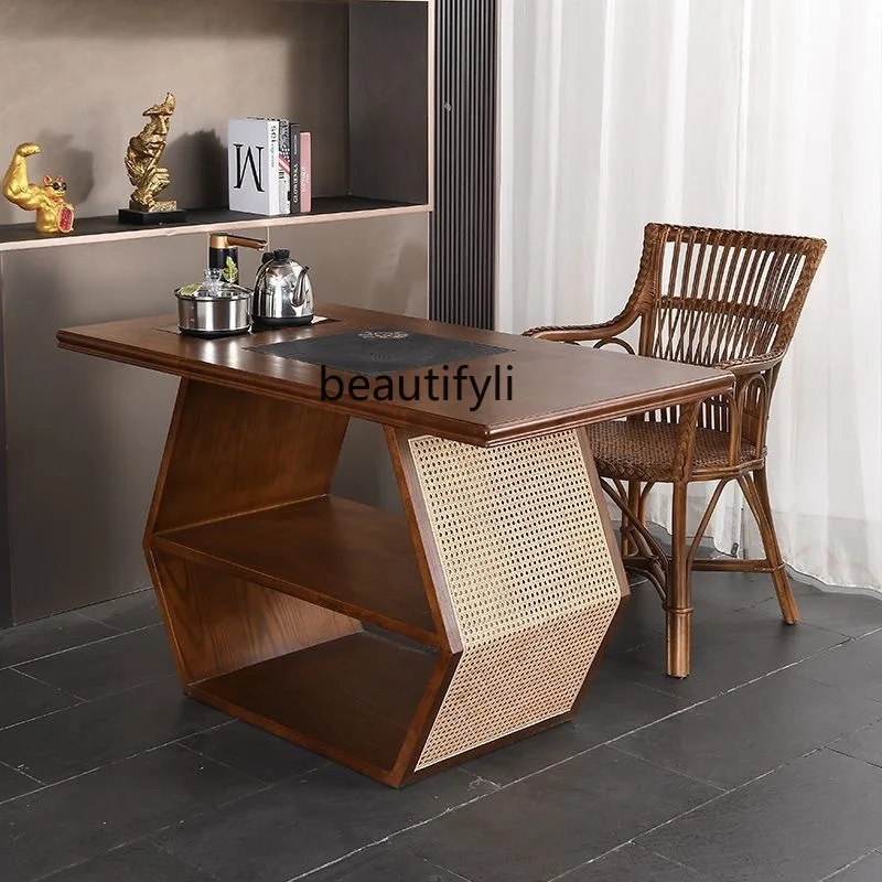 

Rattan New Chinese Style North American Black Walnut Balcony Tea Table and Chair Set for Home Small Tea Brewing Table