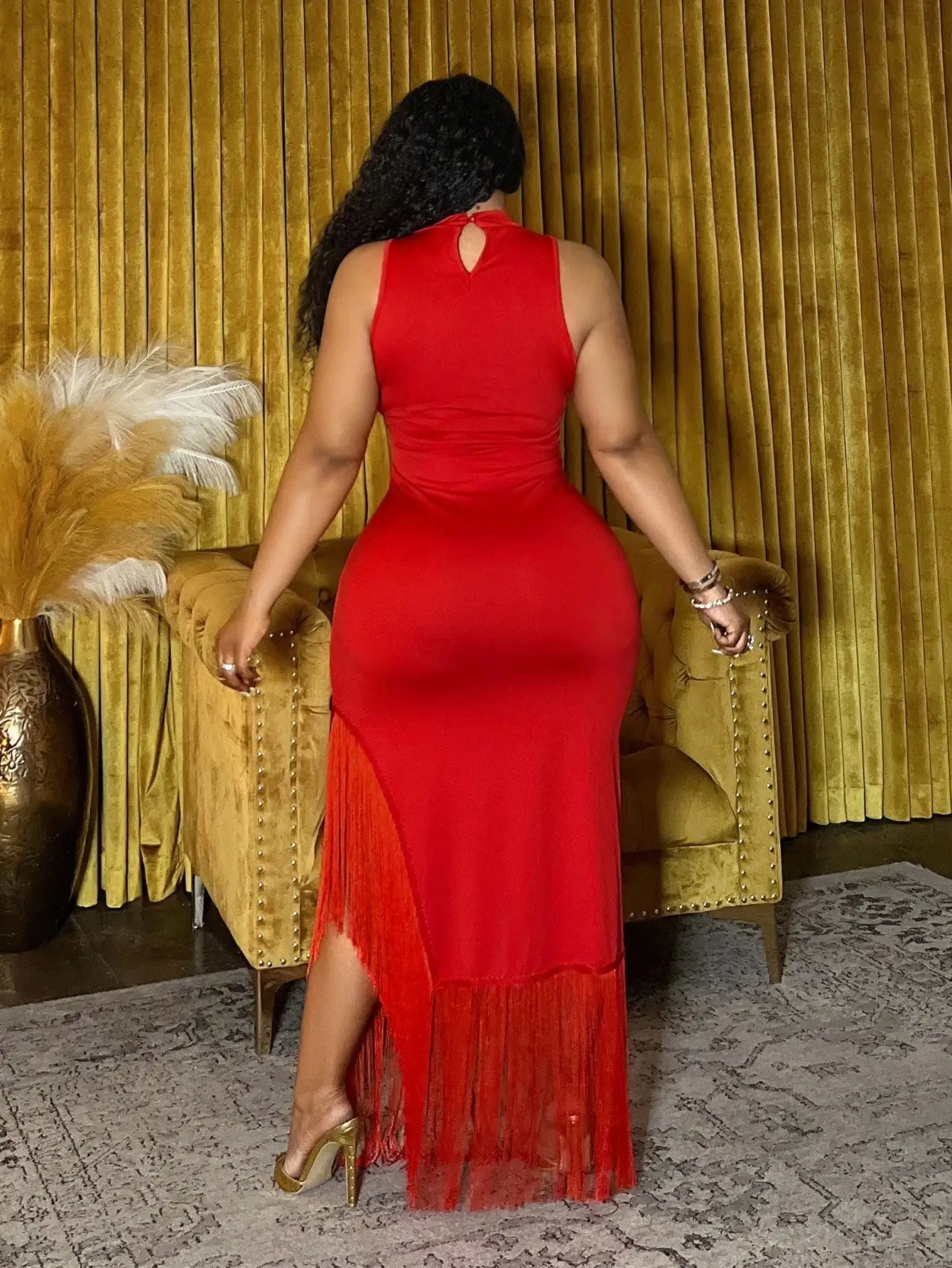 

Elegant Red Sleeveless Asymmetric Tassel Maxi Dress For Plus Size Women