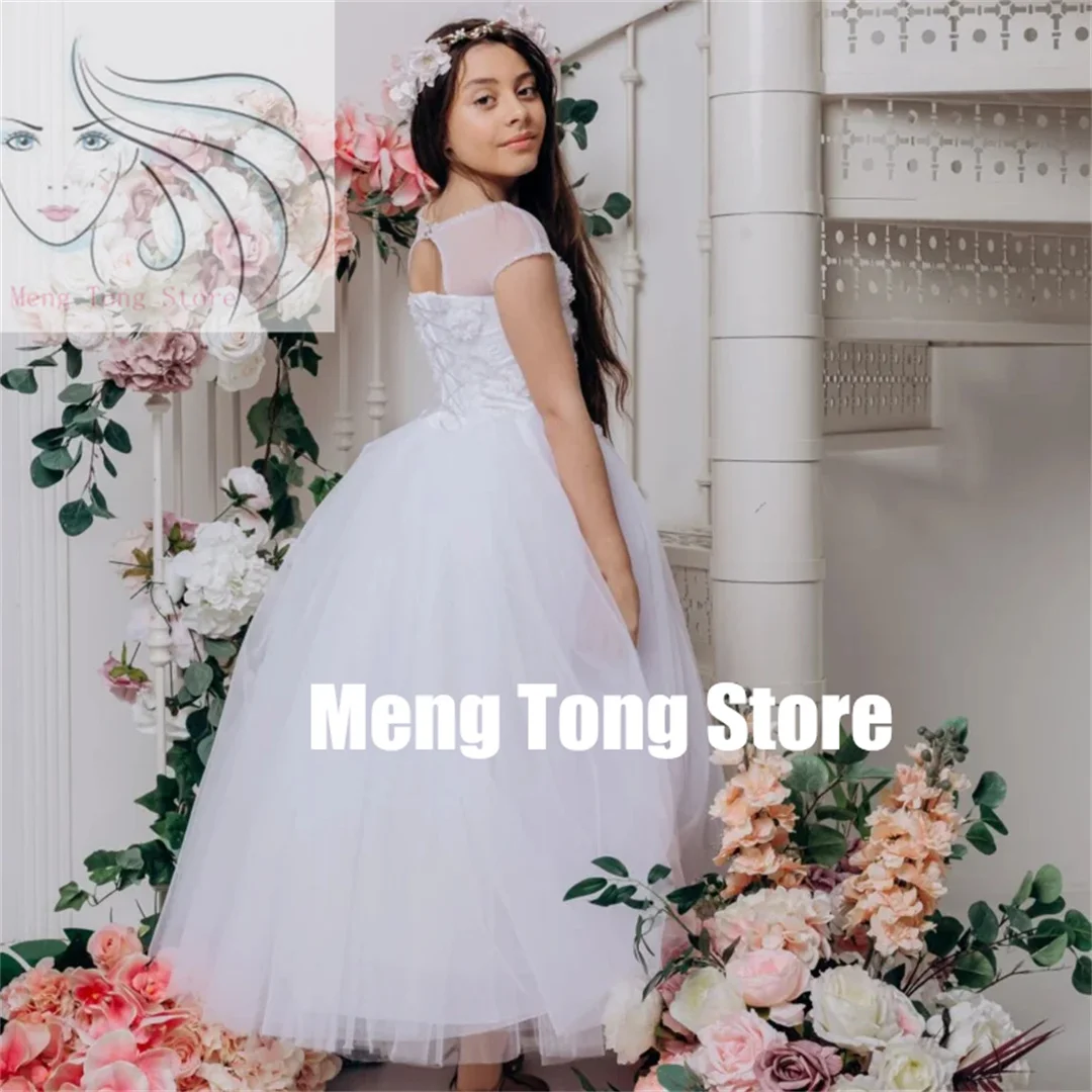 カスタマイズされた結婚式誕生日フラワーガールドレスチュール花アップリケノースリーブパーティーウエディング宴会プリンセスガウン