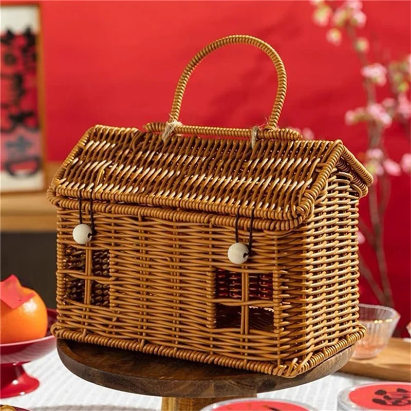 سلة ABDJ-Rattan على شكل منزل مع غطاء مع مقبض قابل للطي للنزهات وعيد الفصح والتنظيم والتخزين