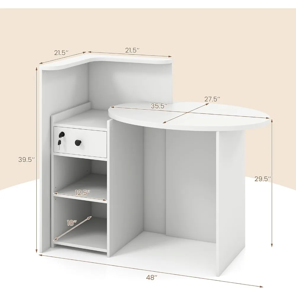 طاولة استقبال على شكل حرف L، مكتب بيع بالتجزئة مقاس 48 بوصة مع درج قابل للقفل ورف تخزين، مكتب كمبيوتر خشبي للصالون والمطعم #3