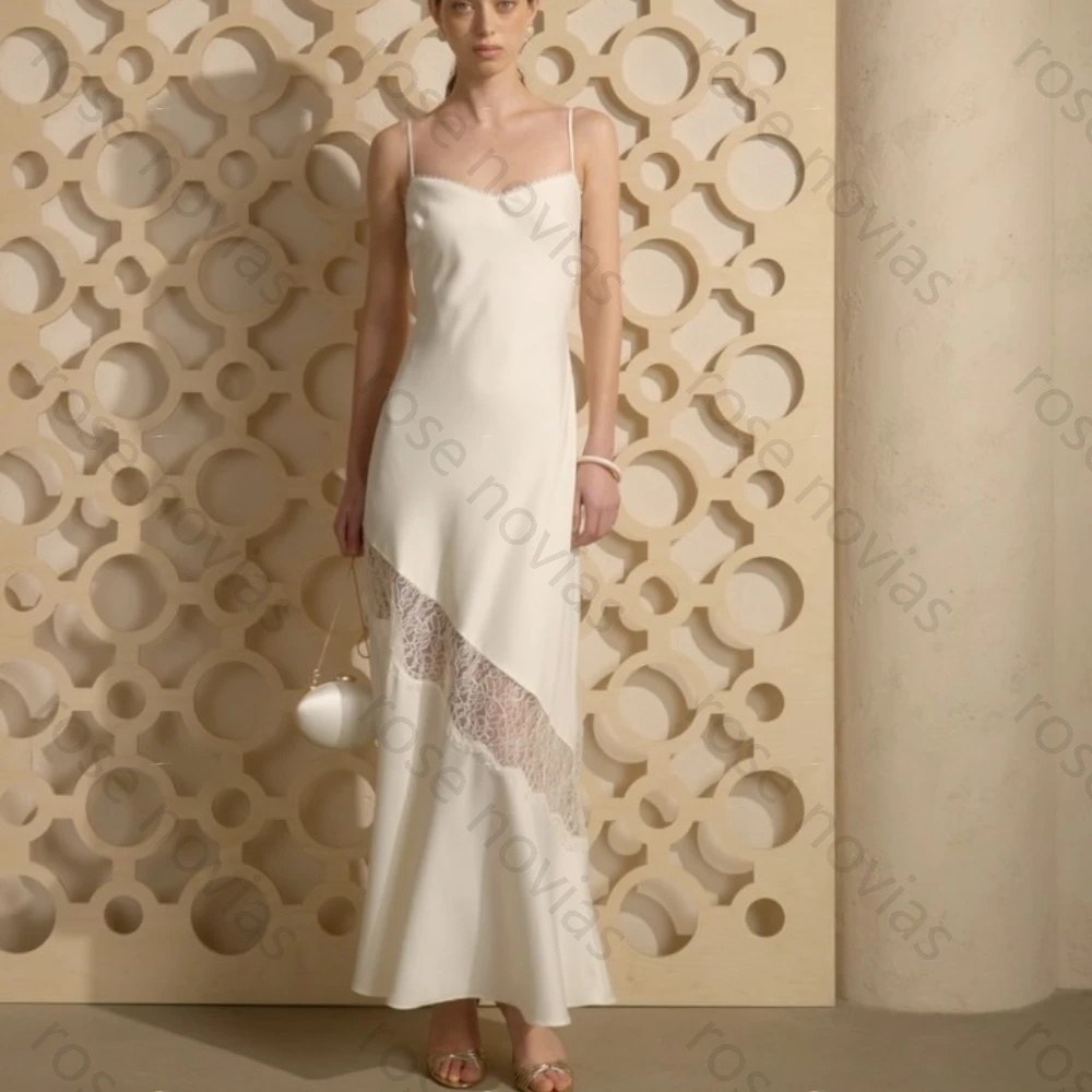 

Customized White Satin Slip Maxi Dress for Women 2026 Elegant Spaghetti Strap Lace Insert Bodycon Formal Gown Wedding Guest