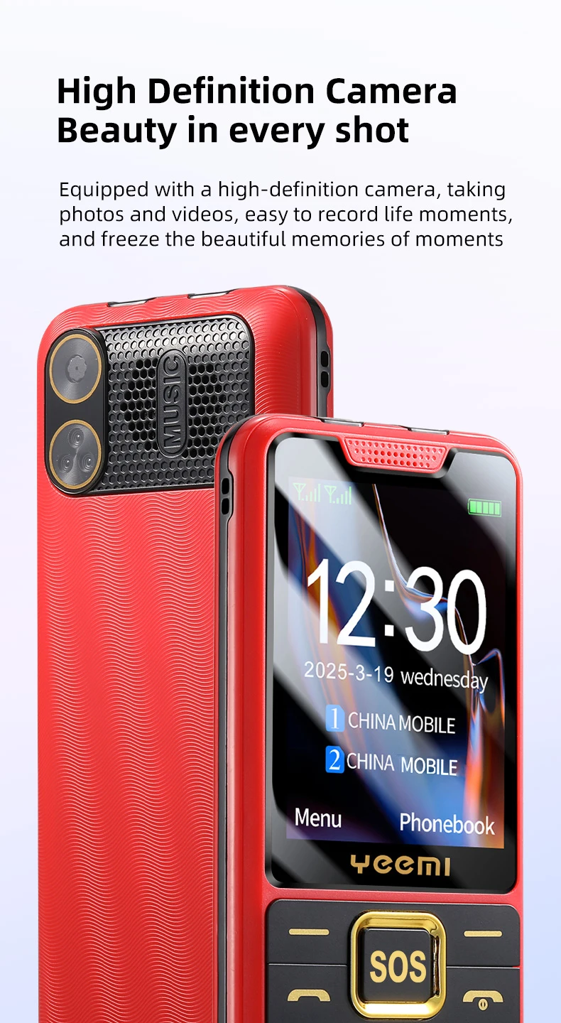 YEEMI K3 Super Thin Mobile Phone 2.4inch HD Screen GSM 2G Dual SIM Card Long Standby Flashlight Camera Type-C Button Phone
