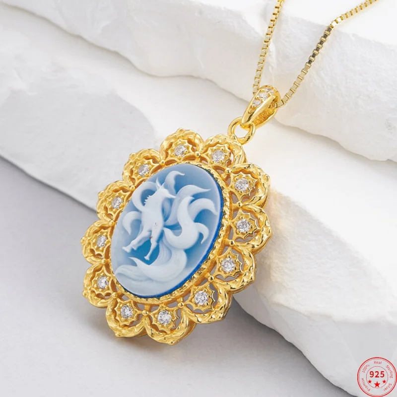 

Подвеска-подвеска из стерлингового серебра 925 пробы для женщин и мужчин, контрастное цветное полое кружево, синий агат, ювелирные изделия с девятью хвостами, оптовая продажа