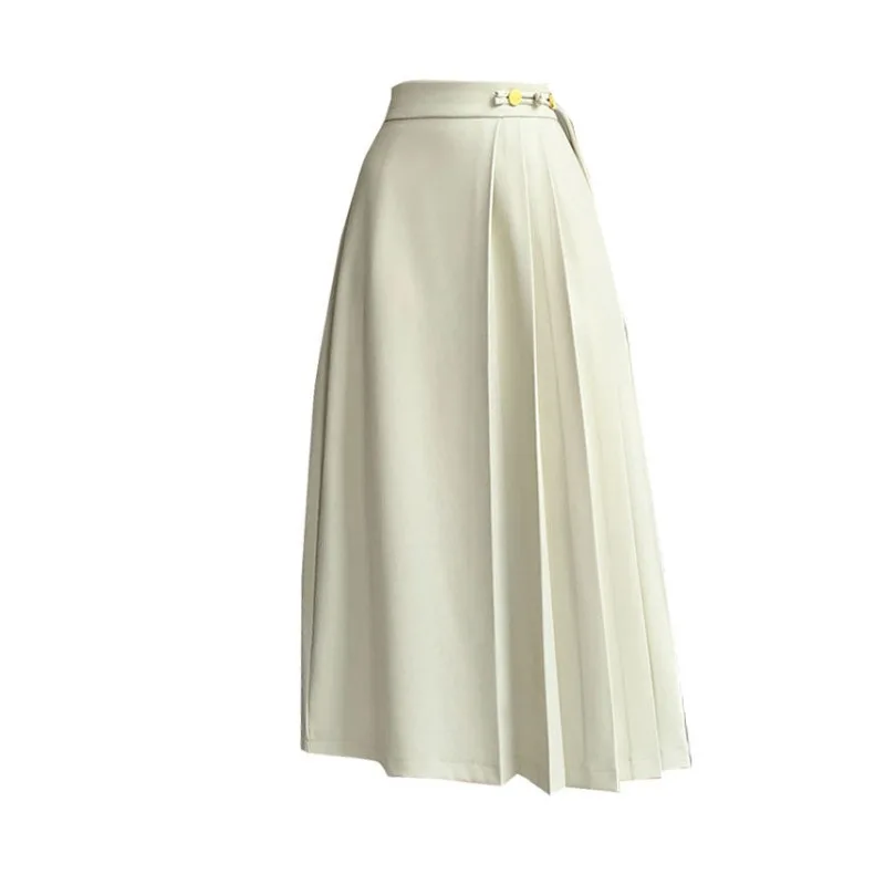 New Fashion Summer Women's Skirt Chinese Style Elegant Loose Retro High Waist Slim Solid Color Pleated Suit Skirts Office Lady