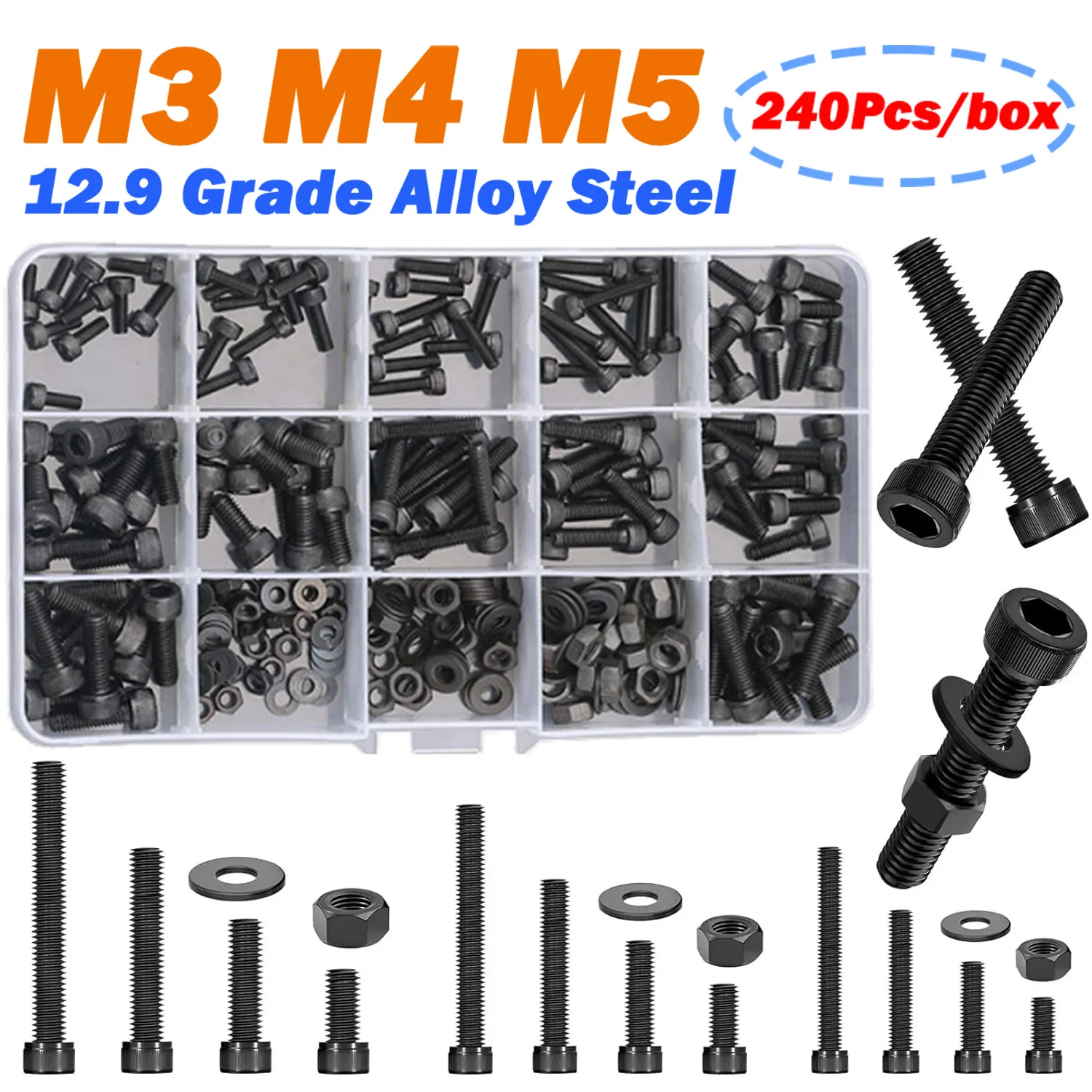 

Набор машинных винтов M3 M4 M5 из легированной стали класса 12.9 с шестигранной головкой, гайками и шайбами в коробке для 3D-принтеров и DIY-проектов