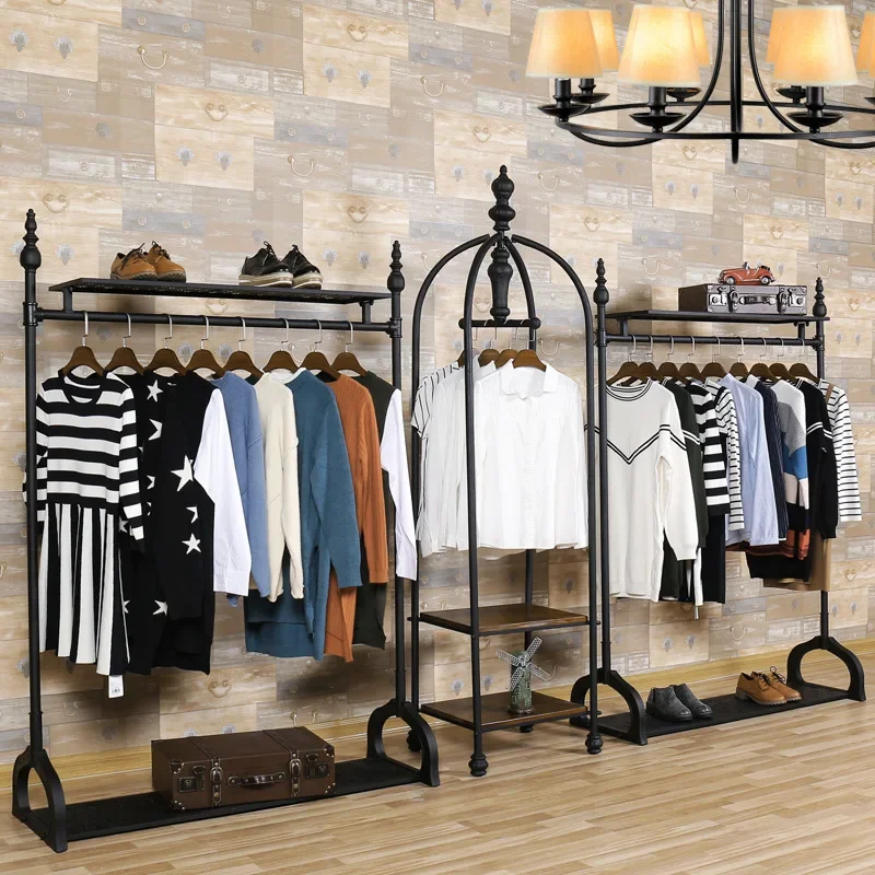 Wrought iron clothing store display rack clothes rackclothing hanger floor-to-ceiling wall women's clothingstore clothingrack