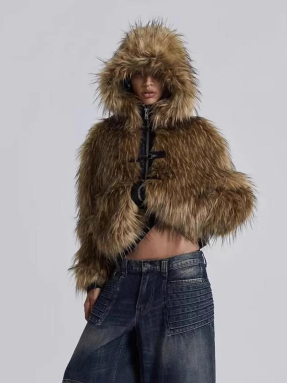 ort American Street Sle Jaet مع جلد أزرق الربط مع معطف طويل من فرو البلو معطف دافئ بقلنسوة من الفرو الصناعي Jaet ملابس خارجية #1