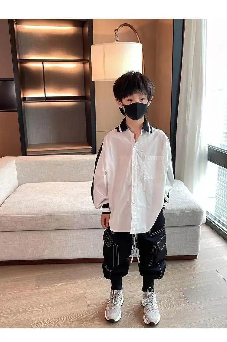 Teenage Clothes School Uniform Splice Boys Shirts White Long Sleeve Turn-down Collar Kids Shirt For Boys Children Tops