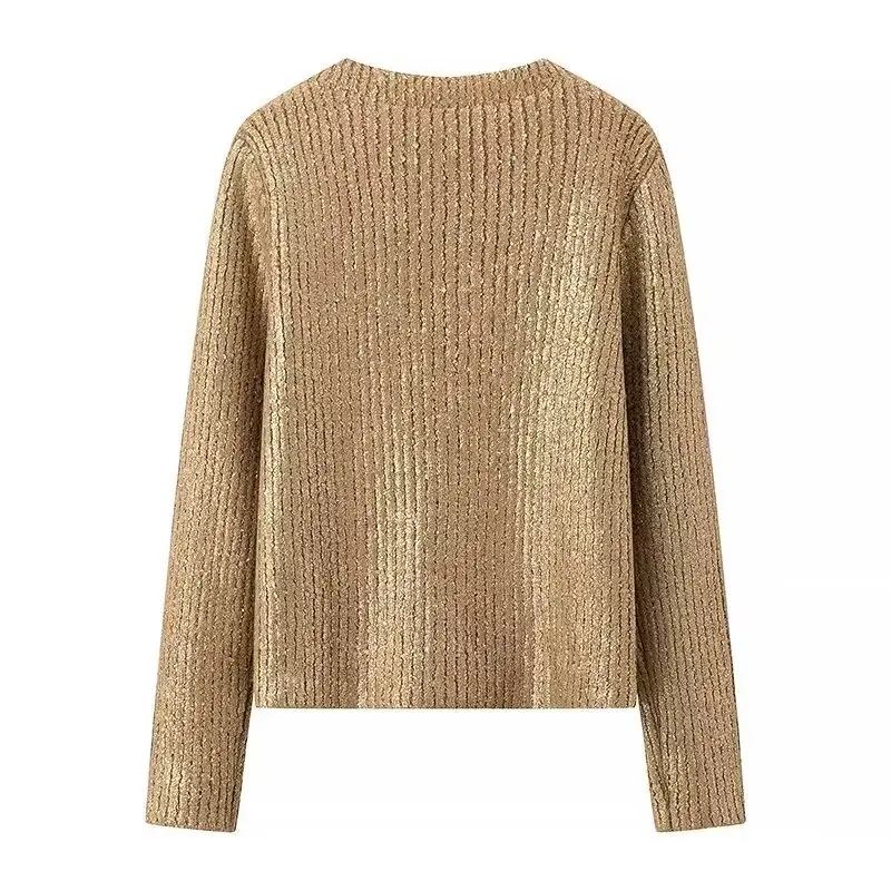 

ZAR Autumn New Faionable Street Sle Women's round Ne Sweater Gold Emed Casual Versatile Polyester Fiber Knitwear