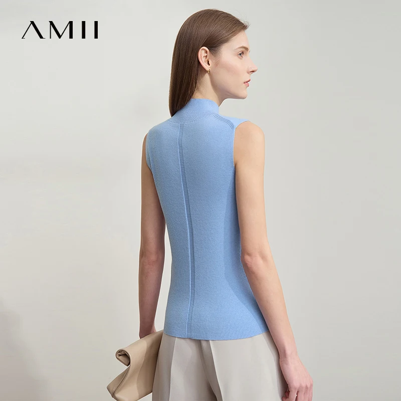 AMII Autumn Casual Sweater for Women 2025 Solid Mock Neck Sleeveless Pullover Lady New Fashion Slim Fit Sweaters Female 12541027